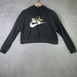 Nike‎ Metallic Gold Swoosh Cropped Hoodie Sweatshirt Women's M Black Pullover